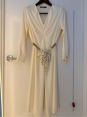 ZARA Elegant Cream V-Neck Long Sleeve Dress with Polka Dot Sash Removable Belt